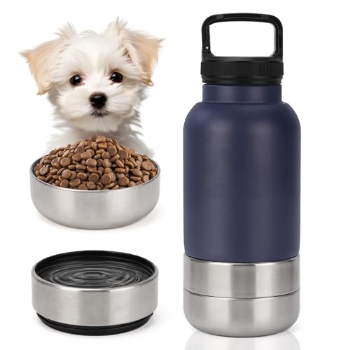 Isolierte Hundetrinkflasche für Unterwegs - 3-in-1 Edelstahl-Wasserspender mit Auslaufsicherem Verschluss, 2 Näpfen, Ideal für Reisen, Wandern und Gassi (SCHWARZ, 1000ml) von ZESTEFY