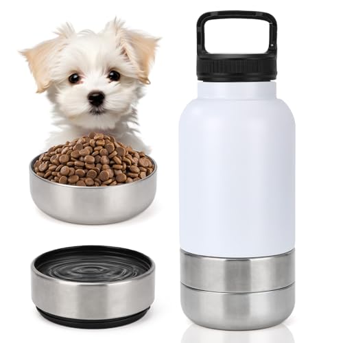 Isolierte Hundetrinkflasche für Unterwegs - 3-in-1 Edelstahl-Wasserspender mit Auslaufsicherem Verschluss, 2 Näpfen, Ideal für Reisen, Wandern und Gassi (Weiss, 1000ml) von ZESTEFY