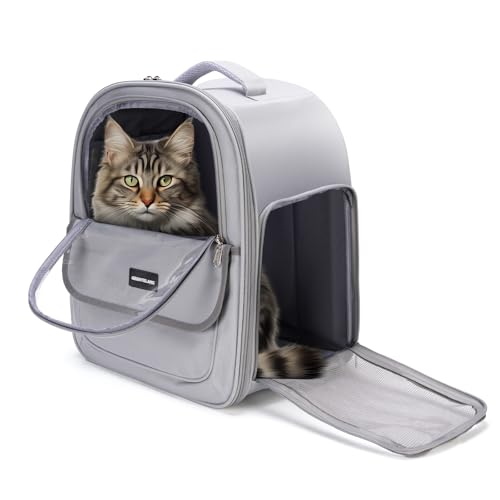 Katzenrucksack Tragbar Bis 7kg, Atmungsaktiver Haustier-Rucksack Mit Netzfenster & Sicherheitsleine – Wasserdichtes Oxford-Gewebe, Faltbar Für Reisen, Wandern Und Tierarztbesuche (Grau) von ZESTEFY