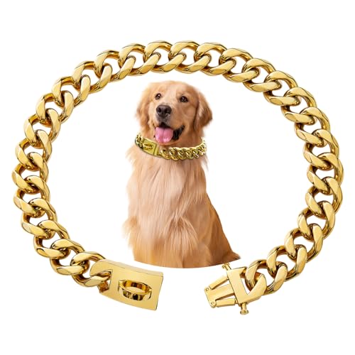 Kettenhalsband Hund, Goldenes Hundehalsband Kette Mit Metallkette, 15mm Breite Cuban Dog Collar, Rostfreier Stahl Halskette Hund mit Schnalle Für Kleine Mittlere Und Große Hunde (25cm) von ZESTEFY