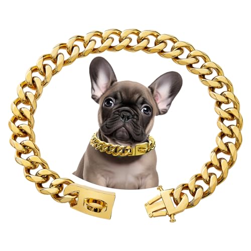 Kettenhalsband Hund, Goldenes Hundehalsband Kette Mit Metallkette, 15mm Breite Cuban Dog Collar, Rostfreier Stahl Halskette Hund mit Schnalle Für Kleine Mittlere Und Große Hunde (45cm) von ZESTEFY