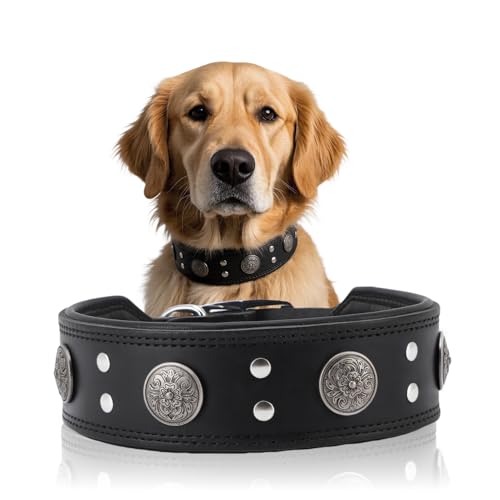 Lederhalsband Hund, 5cm Hundehalsband Leder Breit, Einstellbar Hunde Halsbänder Mit Metallschnalle, Halsband Hund Breit Für Große Und Mittelgroße Hunderassen (Schwarz, L) von ZESTEFY