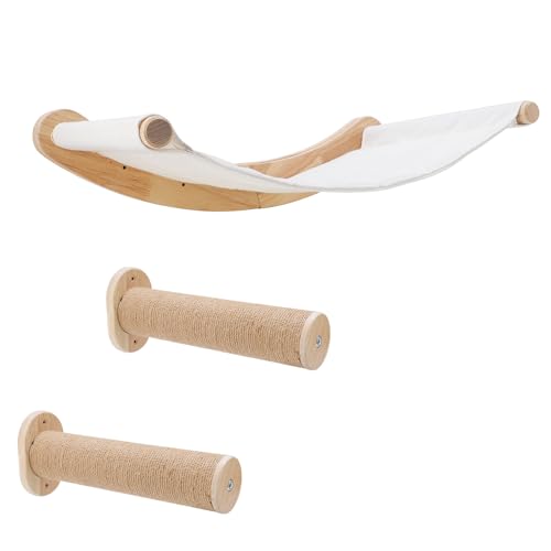 ZESTEFY Katzenhängematte Wandmontage, Kletterwand Set aus Massivholz mit Katzentreppe - Stabiles Katzenbett, Raumsparendes Katzenmöbel für Schlafen, Klettern und Ausruhen (Katzenhängematte+2 Leiter) von ZESTEFY