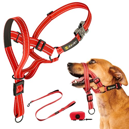Zevey Hundehalfter mit Leine und Sicherheitsgurt, stoppt schweres Ziehen an der Leine, gepolstertes, reflektierendes Kopfhalfter für kleine, mittelgroße und große Hunde, verstellbares Kopfgeschirr für Zevey Hundehalfter mit Leine und Sicherheitsgurt, stoppt schweres Ziehen an der Leine, gepolstertes, reflektierendes Kopfhalfter für kleine, mittelgroße und große Hunde, verstellbares Kopfgeschirr für von ZEVEY