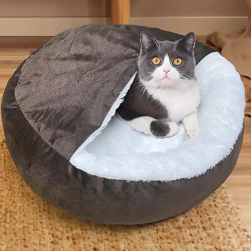 Katze Bett Höhle Für Innenkatzen, Katze Bett Runde Plüsch Flauschig Mit Kapuze Beruhigend Katze Bett Höhle Für Hunde Katzen, Anti-Rutsch & Wasser Boden Waschbar Bett,Schwarz,50cm von ZFFLYH