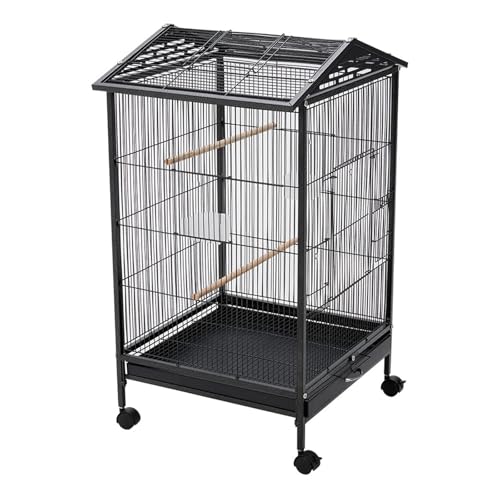 Vogelkäfig aus Metall mit offenem Spieldach, Rollen und Futterspendern, 47,5 cm B x 47,5 cm T x 86 cm H Vogelkäfig aus Metall mit offenem Spieldach, Rollen und Futterspendern, 47,5 cm B x 47,5 cm T x 86 cm H von ZGCrumphant