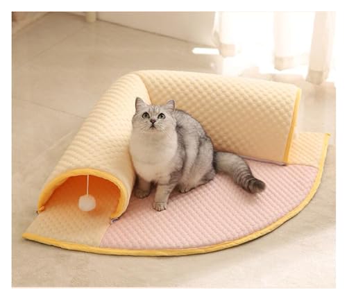 ZGSYH 2-in-1-Katzentunnelbett, Neuer atmungsaktiver Sommer-Katzentunnel aus Eisseide und abnehmbare Katzenspielmatte, interaktives Spielspielzeug mit Kaninchenbetttunnel, rutschfeste Unterseite (Farb von ZGSYH