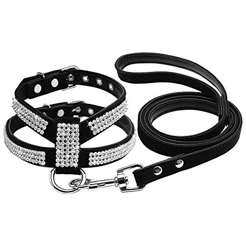 Soft Bling Strass Hundegeschirr Diamant Wildleder Leder Katze Welpe Kätzchen Geschirr & Leine Set Für Kleine Mittelgroße Hunde Chihuahua S M L.-Schwarz_M. von ZHANGXIANG