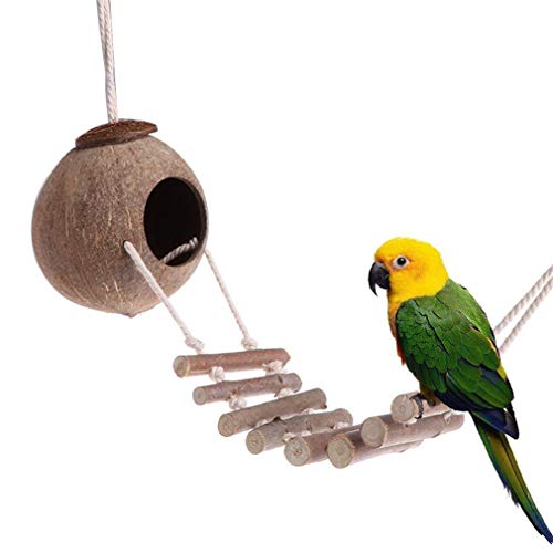 ZHER-LU Natürliche Kokosnussschale Vogelnest Holz Stroh Seil Leiter Spielzeug für Vogel Papagei Sittich Hamster (#2) von ZHER-LU
