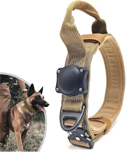 ZHHSUNY Airtag-Hundehalsband, mit AirTag-Halterung, 100 % wasserdicht, mit GPS-Halterung, taktisches Halsband für Hunde, verstellbar, aus Nylon, besonders langlebiger Griff (Khaki, M) von ZHHSUNY