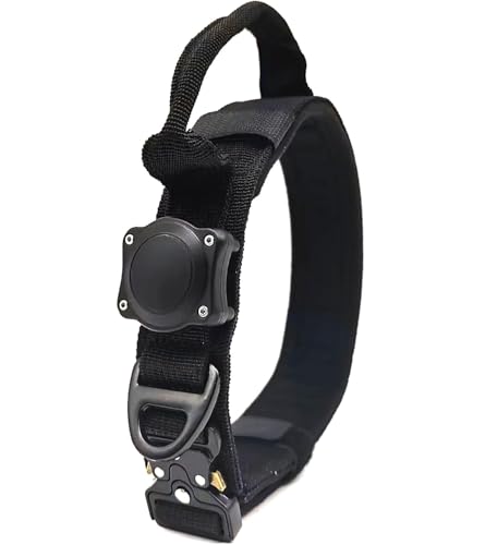 ZHHSUNY Airtag-Hundehalsband, mit AirTag-Halterung, 100 % wasserdicht, mit GPS-Halterung, taktisches Halsband für Hunde, verstellbar, aus Nylon, besonders langlebiger Griff (Schwarz, M) von ZHHSUNY