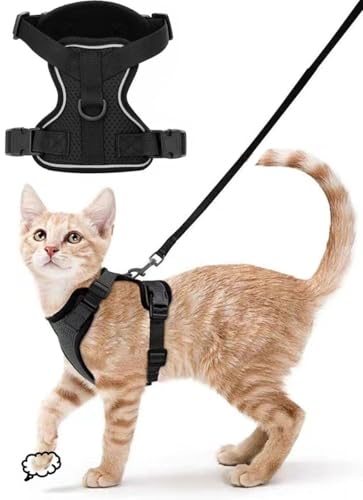ZHHSUNY Geschirr für Kätzchen, verstellbar, auslaufsicher, für Katzen, reflektierende Weste, weich und atmungsaktiv, Halsband mit Zugseil, anwendbar für Kaninchen, europäische Katze (Schwarz, S) von ZHHSUNY