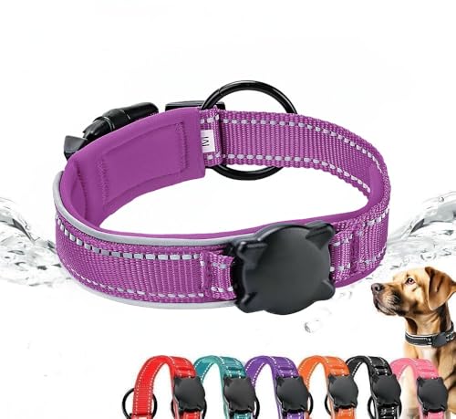 ZHHSUNY Hundehalsband, reflektierend, Air-Tag mit Gehäuse, wasserdicht, für Air-Tag, Hunde, GPS, Air-Tag, GPS-Tracking, weich und atmungsaktiv (Farbe Violett, L) von ZHHSUNY