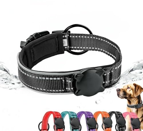 ZHHSUNY Hundehalsband, reflektierend, Air-Tag mit Gehäuse, wasserdicht, für Air-Tag, Hunde, GPS, Air-Tag, GPS-Tracking, weich und atmungsaktiv (Schwarz, XL) von ZHHSUNY