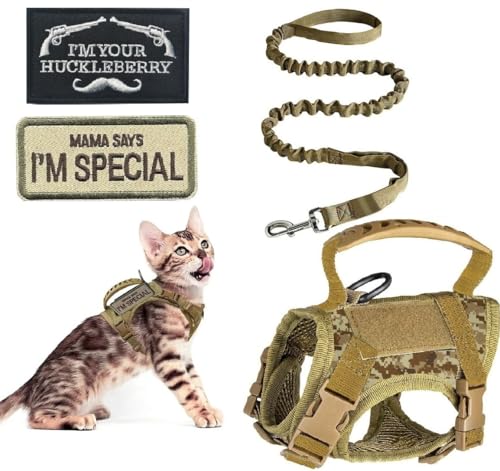 ZHHSUNY Taktisches Geschirr für Katzen mit gesticktem Abzeichen, atmungsaktives Netz, Griff aus Gummi, reflektierendes Zugband, ausbruchsicher Katzengeschirr(Camouflage) von ZHHSUNY