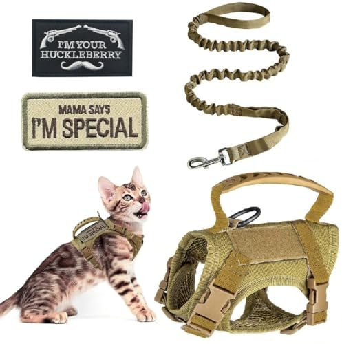 ZHHSUNY Taktisches Geschirr für Katzen mit gesticktem Abzeichen, atmungsaktives Netz, Griff aus Gummi, reflektierendes Zugband, ausbruchsicher Katzengeschirr(Khaki) von ZHHSUNY