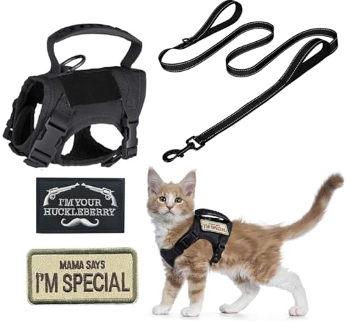 ZHHSUNY Taktisches Geschirr für Katzen mit gesticktem Abzeichen, atmungsaktives Netz, Griff aus Gummi, reflektierendes Zugband, ausbruchsicher Katzengeschirr(schwarz) von ZHHSUNY