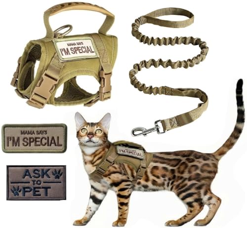 ZHHSUNY taktisches Katzengeschirr, verstellbares Haustier-Gehgeschirr mit gesticktem Logo, atmungsaktive und Anti-Escape reflektierende Schleppseil für Katzen (Khaki) von ZHHSUNY