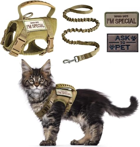 ZHHSUNY taktisches Katzengeschirr, verstellbares Haustier-Gehgeschirr mit gesticktem Logo, atmungsaktive und Anti-Escape reflektierende Schleppseil für Katzen (Khaki) von ZHHSUNY