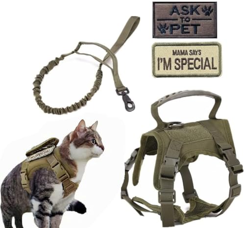 ZHHSUNY Verstellbares taktisches Katzen und kleine Hundegeschirr Set mit Flicken, weiche Netzpolsterung, Gummigriff, geeignet für Spaziergänge und Training von ZHHSUNY