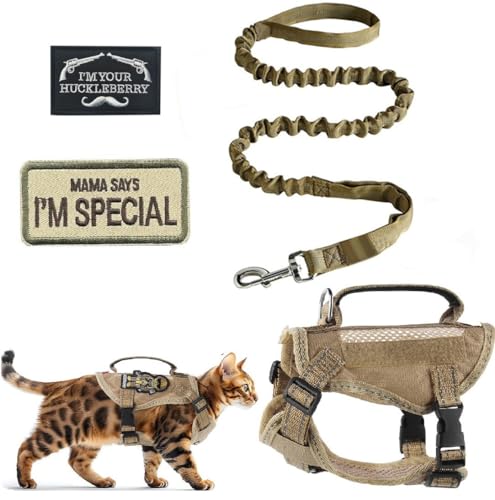 ZHHSUNY Verstellbares taktisches Katzengeschirr-Set, Air-Mesh-Walkingweste, ausbruchsicher, reflektierend, große Katzengeschirre mit Griff und gestickten Aufnähern (Khaki, M) von ZHHSUNY
