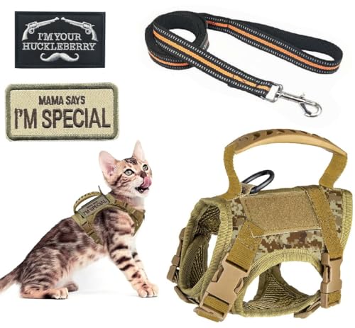 ZHHSUNY Verstellbares taktisches Katzengeschirr-Set mit gestickten Emblemen, weiche Netzpolsterung, Gummigriff, Traktionsseil, reflektierend, geeignet für Spaziergänge, ausbruchsicher und Training von ZHHSUNY