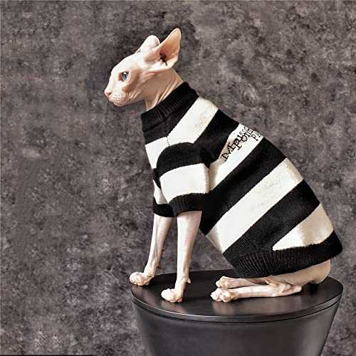ZHIHAN Sphinx Cat Clothes Hairless Cat Devon Winter Padded Sweater Black & White Striped Jacket,Sweater,S von ZHIHAN