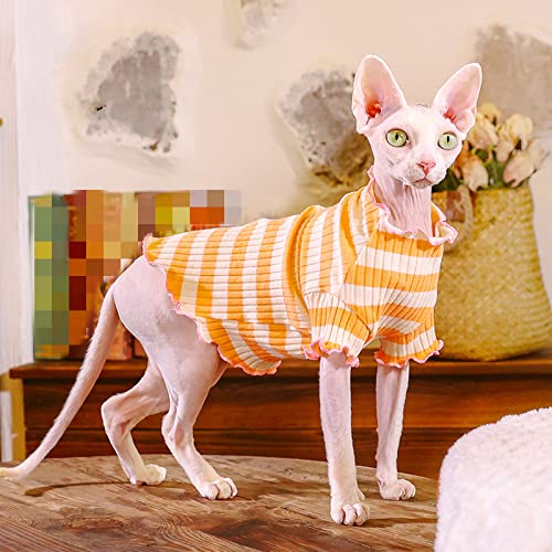 ZHIHAN Sphinx Katzenkleidung haarlose Katze Devon Sommer Baumwolle gestreift Weste T-Shirt 4 Farben, orange und weiß gestreift, L von ZHIHAN