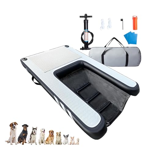 Kleine Hundebootrampe, Hundewasserspaßspielzeug, aufblasbare Pool-Schwimmplattform für Hunde bis zu 60 kg, Faltbare und Wiederverwendbare Hundefloß-Wasserschwimmrampe (Black 150L x 100W x 15H cm) von ZHJOPP