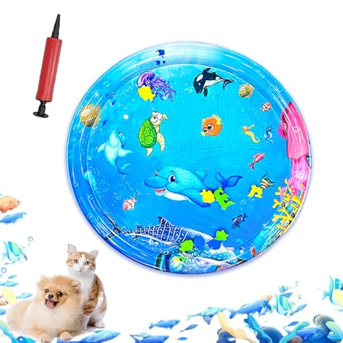 ZHKVAG Ocean Breeze Splashland for Cats/Dogs, Ocean Breeze Splashland Cat Toy, Cat Water Mat with Floating Fish, Non-Slip Interactive Water Sensory Playmat Cool Comfort Inflatable Mat (Large Round A) von ZHKVAG