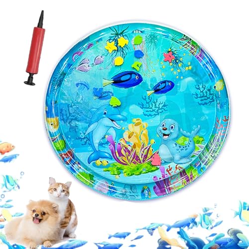 ZHKVAG Ocean Breeze Splashland for Cats/Dogs, Ocean Breeze Splashland Cat Toy, Cat Water Mat with Floating Fish, Non-Slip Interactive Water Sensory Playmat Cool Comfort Inflatable Mat (Large Round B) von ZHKVAG