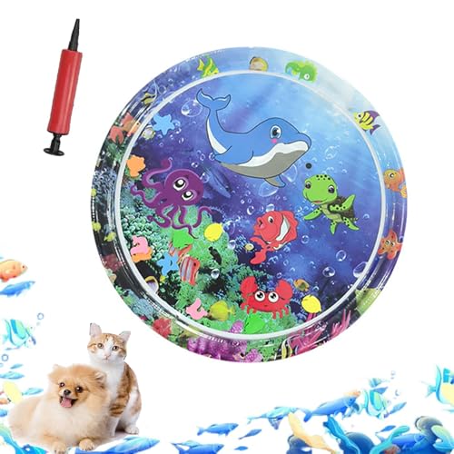 ZHKVAG Ocean Breeze Splashland for Cats/Dogs, Ocean Breeze Splashland Cat Toy, Cat Water Mat with Floating Fish, Non-Slip Interactive Water Sensory Playmat Cool Comfort Inflatable Mat (Large Round C) von ZHKVAG