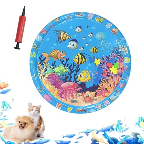 ZHKVAG Ocean Breeze Splashland for Cats/Dogs, Ocean Breeze Splashland Cat Toy, Cat Water Mat with Floating Fish, Non-Slip Interactive Water Sensory Playmat Cool Comfort Inflatable Mat (Large Round D) von ZHKVAG