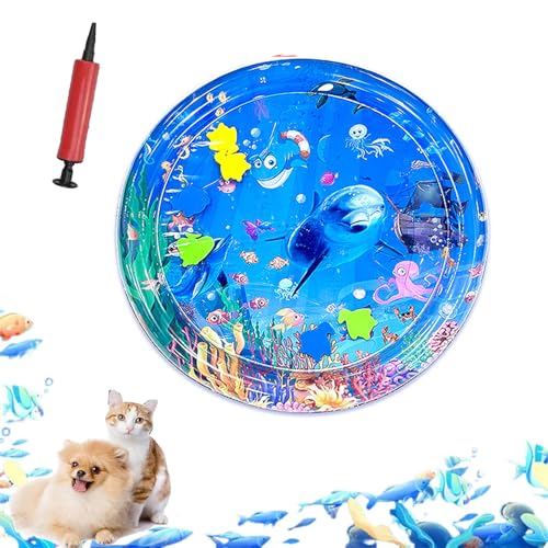 ZHKVAG Ocean Breeze Splashland for Cats/Dogs, Ocean Breeze Splashland Cat Toy, Cat Water Mat with Floating Fish, Non-Slip Interactive Water Sensory Playmat Cool Comfort Inflatable Mat (Small Round A) von ZHKVAG