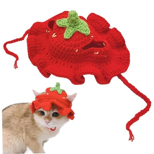 ZHOUBINGBING Bekleidung gestrickte Häkelkatze Hüte mit Krawattenseil, Erdbeer -Katzen -Outfits, komfortable süße Katzenzubehör für Welpenkatze Kätzchen Kaninchen von ZHOUBINGBING
