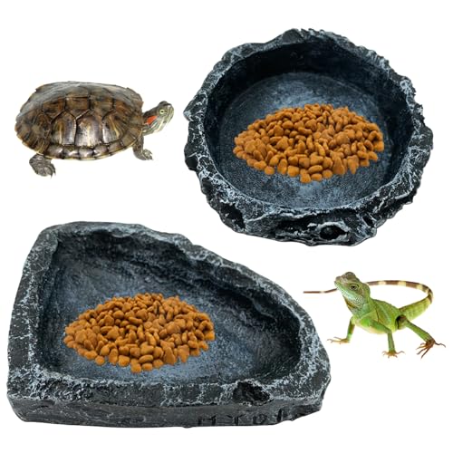 ZHOUBINGBING Terrariumschalen Reptilien Fütterungsgericht 2PCS Steinartig 2 Form Harz Reptile Wasserschüssel bruchresistente dekorative Reptilienschale für Echsenfrog Gecko Tortoise von ZHOUBINGBING