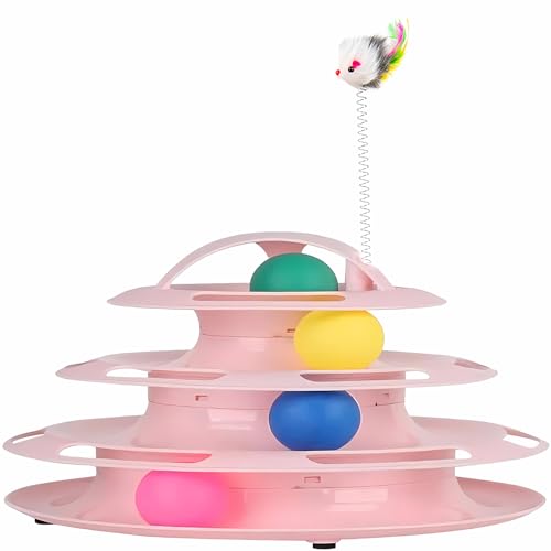 ZHOUHON Interaktives Katzenspielzeug,Katzen Spielturm Spielzeug,Katze Bälle Trackball mit 4 Bällen Katzenspielzeug/vierschichtiges Trackturm Katzenspielzeug (Pink) von ZHOUHON
