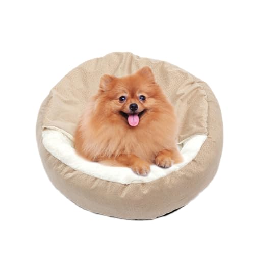 ZHULONGRUSHUI Beruhigendes Hundebett, Katzenbett, weiches Haustierbett, warmes Welpenbett mit Kapuze, waschbar, rundes Kuschelbett für große, mittelgroße und kleine Hunde und Katzen (Beige) von ZHULONGRUSHUI