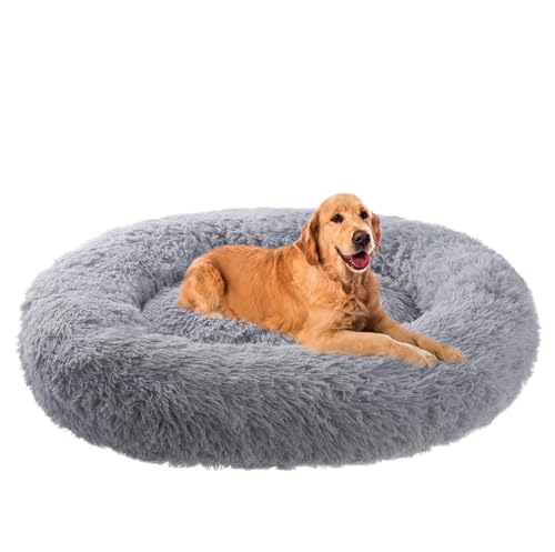 ZHULONGRUSHUI Hundebett,Katzenbett,plüsch Hundekissen rund Kuschelbett Donut,erhöhte Ränder,Anti-Angst,Hundekissen Waschbar Hundekorb Flauschig,Mittelgroße und Große Hunde(Hellgrau) von ZHULONGRUSHUI