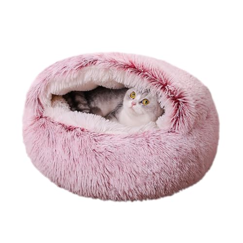 ZHULONGRUSHUI Katzenbett, Plüsch, weich, für Kätzchen/Welpen, kleine Hunde, Kunstfell, rund, bequem, selbstwärmend, lindert Angstzustände, rutschfeste Unterseite (Rose) von ZHULONGRUSHUI