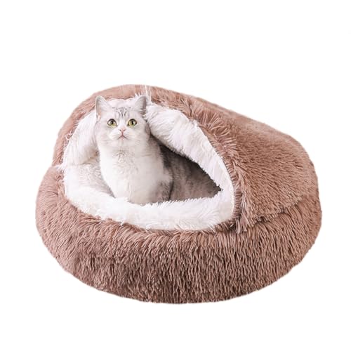 ZHULONGRUSHUI Rundes flauschiges, weiches Plüsch-Hunde- und Katzenbett, mit Kapuze, wasserdichter Boden, Hellkaffee von ZHULONGRUSHUI