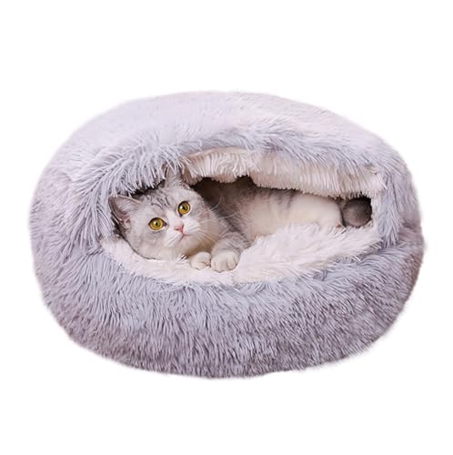 ZHULONGRUSHUI Katzenbett, rund, flauschig, weiches Plüsch, Höhle, mit Kapuze, Donut für Hunde und Katzen, selbstwärmendes Katzenhöhle, Katzenversteck, wasserdichte Unterseite (Hellgrau) von ZHULONGRUSHUI