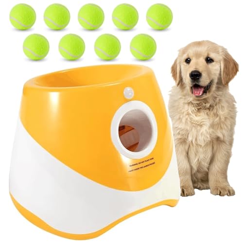 ZHUOKECE Automatischer Hundeballwerfer, Ballwerfer für Hunde mit 3 bis 9 m, 3 Startdistanz, Hunde-Apportiermaschine mit 9 Tennisbällen (5,1 cm) für Indoor/Outdoor Wurfspiel (Orange) von ZHUOKECE