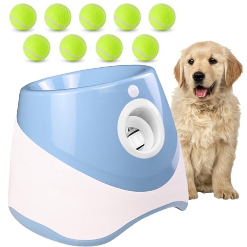 ZHUOKECE Automatischer Hundeballwerfer, Ballwerfer für Hunde mit 3 bis 9 m, 3 Startdistanz, Hunde-Apportiermaschine mit 9 Tennisbällen (5,1 cm) für Indoor/Outdoor Wurfspiel (blau) von ZHUOKECE