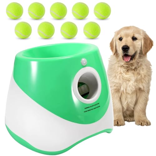 ZHUOKECE Automatischer Hundeballwerfer, Ballwerfer für Hunde mit 3 bis 9 m, 3 Startdistanz, Hunde-Apportiermaschine mit 9 Tennisbällen (5,1 cm) für Indoor/Outdoor-Wurfspiel (grün) von ZHUOKECE