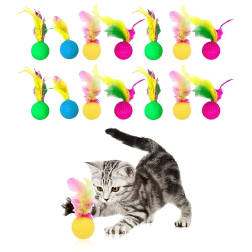 ZHYUAN 12 STK Katzenspielzeug Bälle mit Feder,Katzenspielzeug Bölle,Kitten Bunte Schaumkugel,Bunte Schaumkugel Katzenspielzeug,Katzenlatexkugeln Spielzeug,Wackelball für Katzen von ZHYUAN