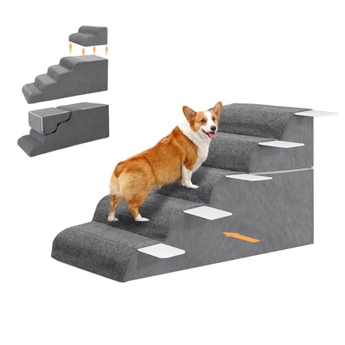 Breiter Haustiertreppe 5 Stufen 55cm Hoch Abnehmbar Hundetreppe katzentreppe Hochdichtem Schaumstoff hundetreppe für kleine Hunde mit waschbarem Bezug und Rutschfester Boden (95x45x55cm) von ZIKEBTUY