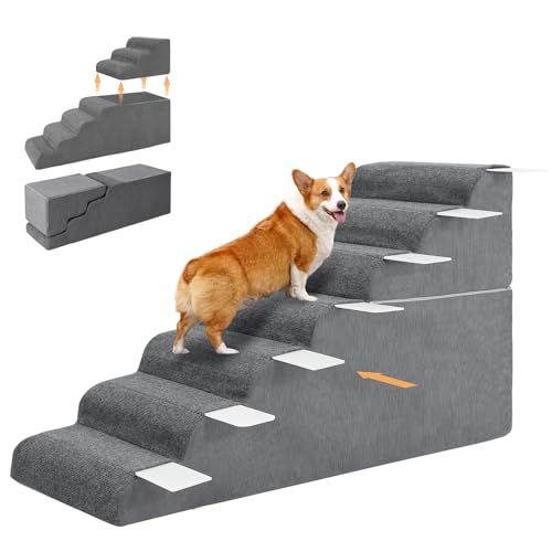 Breiter Haustiertreppe 7 Stufen 75cm Hoch Abnehmbar Hundetreppe katzentreppe Hochdichtem Schaumstoff hundetreppe für kleine Hunde mit waschbarem Bezug und Rutschfester Boden (127x45x75cm) von ZIKEBTUY