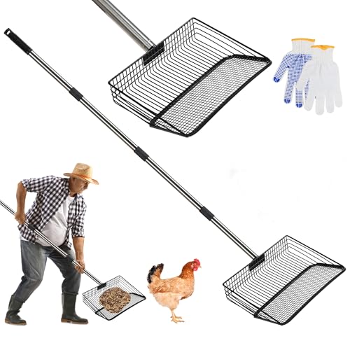 4-in-1 25,4 cm große Hühnerkotschaufel mit Handschuhen, Siebschaufel, Rechen, Hühnerstall-Reinigungswerkzeug, verstellbarer langer Griff (56,9–157,5 cm) Streuschaufel, Edelstahl-Kotschaufel für von ZINGTERRA