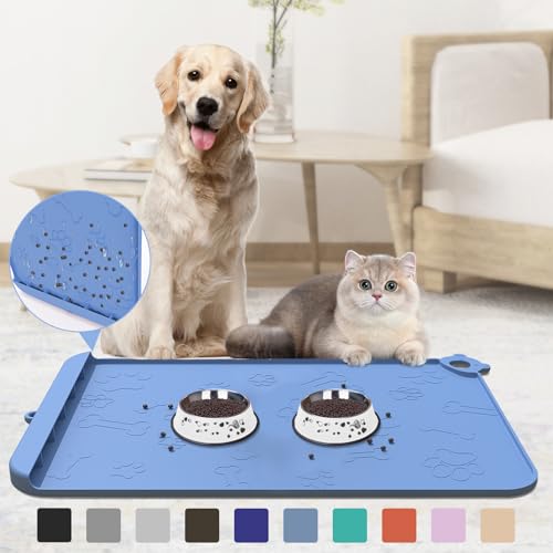 Futtermatte für Haustiere, 55,9 x 35,6 cm, große Futtermatte für Hunde und Katzen, Silikon, mit Rückstandssammlungstasche, wasserdichte Matte für Futter und Wasser mit Rand, Tablett für Näpfe, Blau Futtermatte für Haustiere, 55,9 x 35,6 cm, große Futtermatte für Hunde und Katzen, Silikon, mit Rückstandssammlungstasche, wasserdichte Matte für Futter und Wasser mit Rand, Tablett für Näpfe, Blau von ZIRWTI